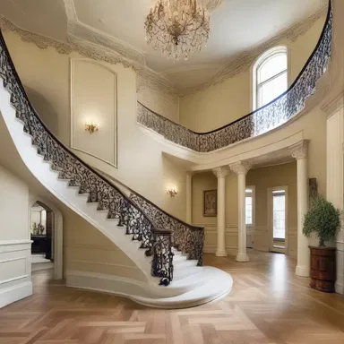The grand staircase seamlessly connects all the way from the entrance hall to the upper floors.