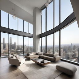 A luxurious penthouse with modern decor, high above an urban cityscape, visible through wide floor-to-ceiling windows