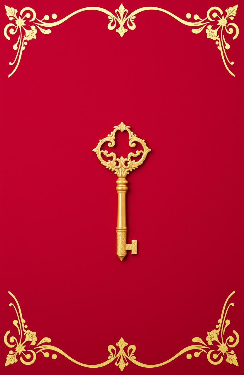 A maroon background featuring elegant golden decorative edges, with a shimmering gold key prominently placed in the center
