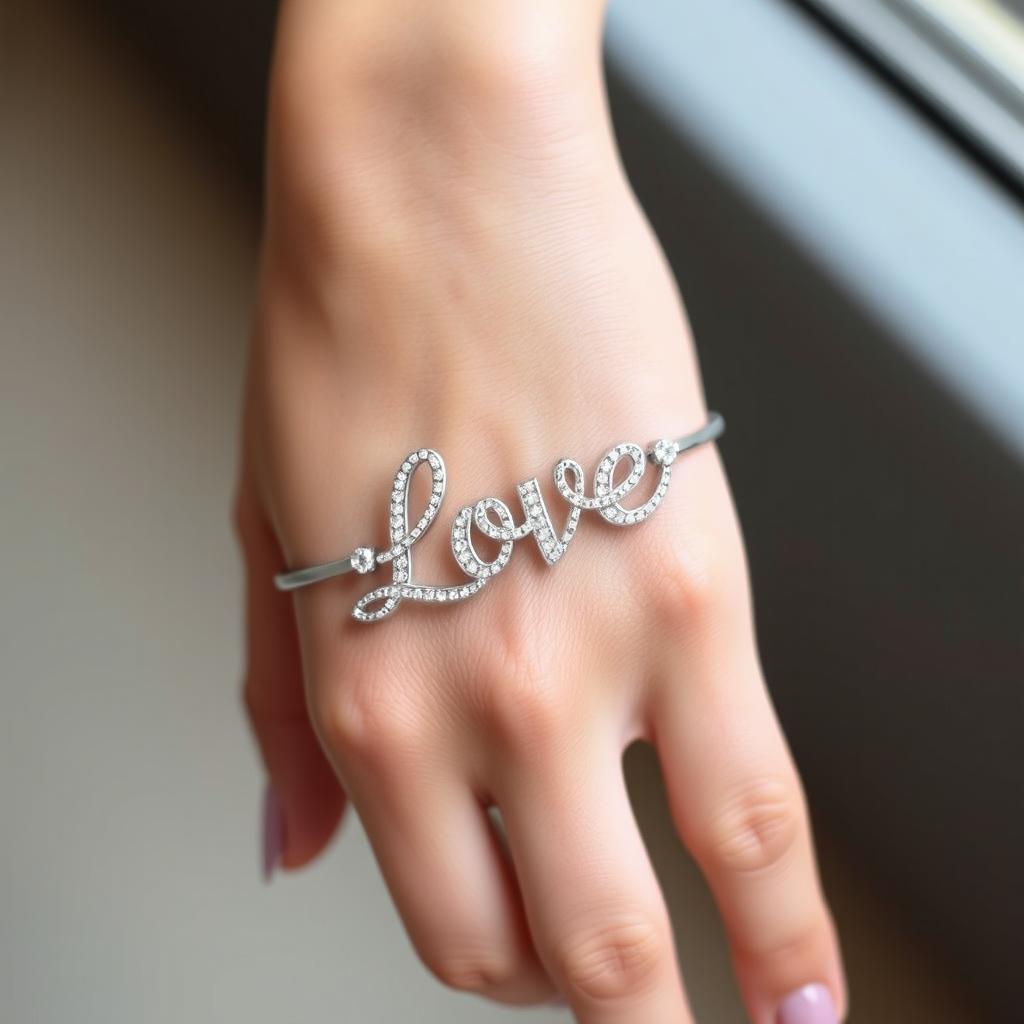 A stunning women's bracelet featuring a beautiful '4A Jewelry Love' design, elegantly displayed on a delicate hand