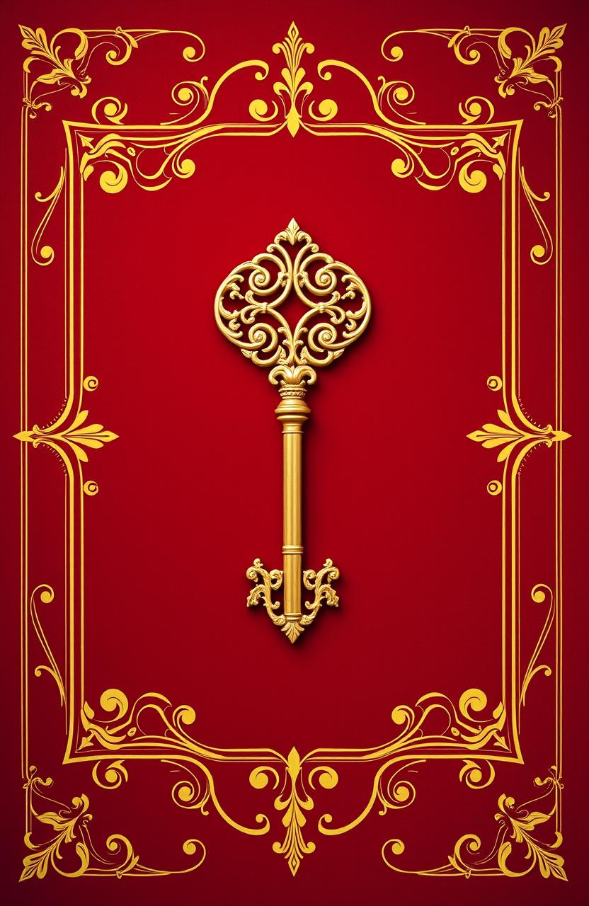 A rich maroon background adorned with elegant golden borders, featuring a prominent golden key at the center, styled beautifully