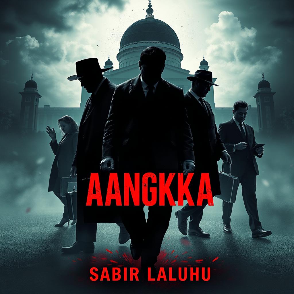 A striking novel cover design for "ANGKA" by Sabir Laluhu, focusing on a major corruption scandal