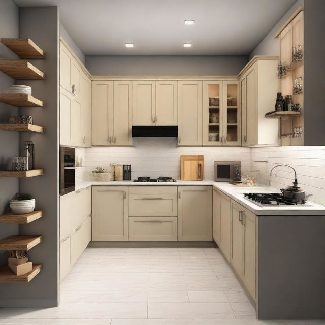 Design of a cozy 6x6 foot kitchen with modern amenities, ambient lighting and ample storage space.