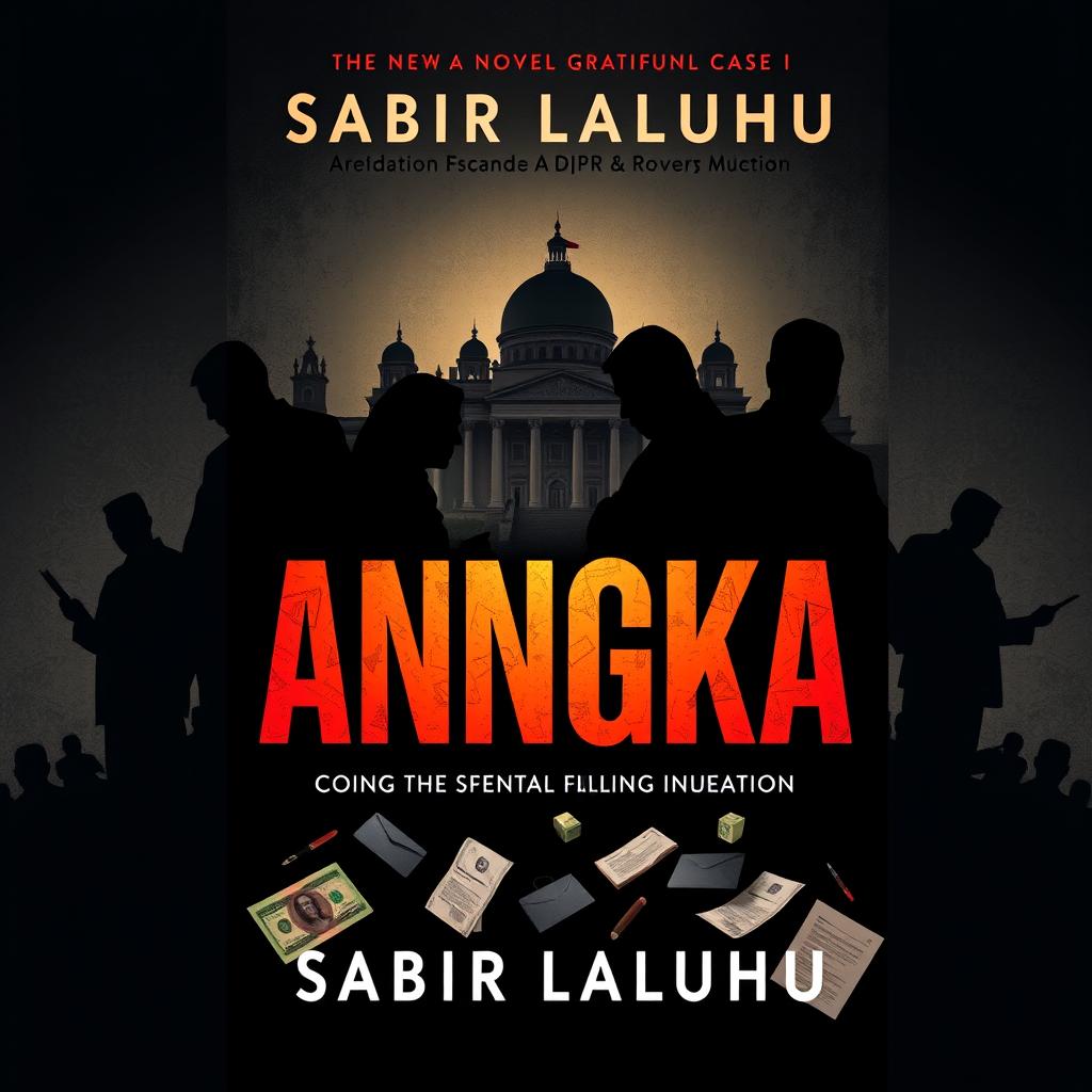 Design a powerful novel cover for "ANGKA" by Sabir Laluhu, centered around a significant corruption scandal in Indonesia