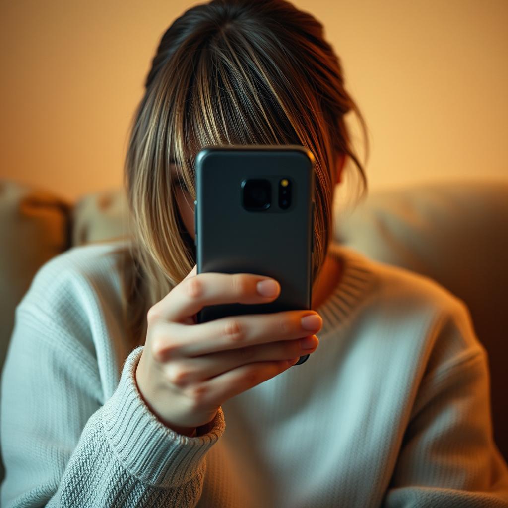 A close-up of a woman sitting on a cozy couch, holding her smartphone in front of her with a partially hidden face, creating an air of mystery