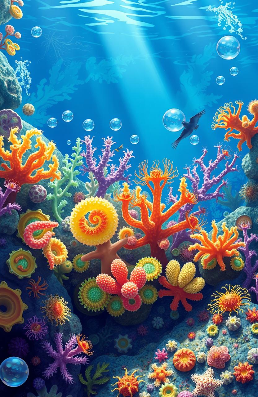 A vibrant and detailed illustration of marine cyanobacteria, showcasing their unique structures and colors