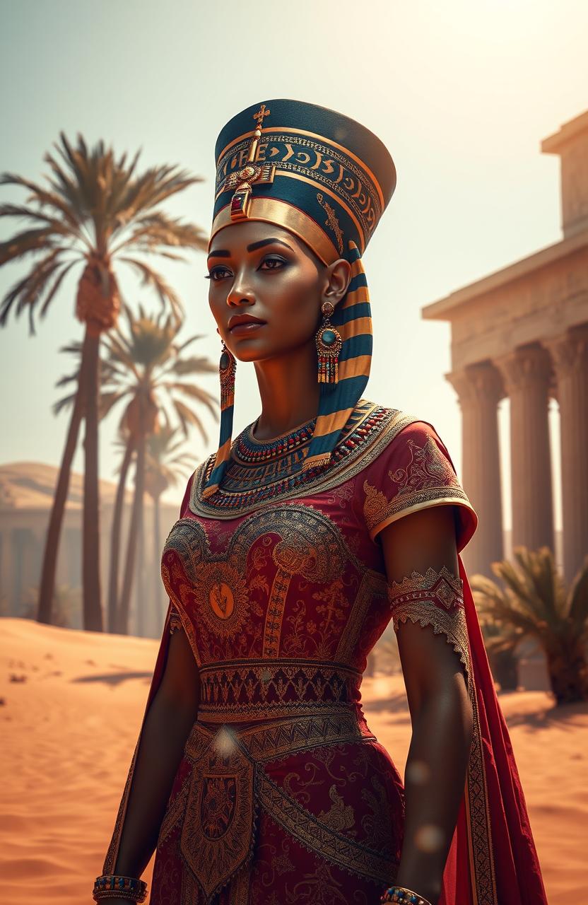 A captivating scene inspired by the legendary Queen Nefertiti of ancient Egypt, showcasing her as the Royal Bride