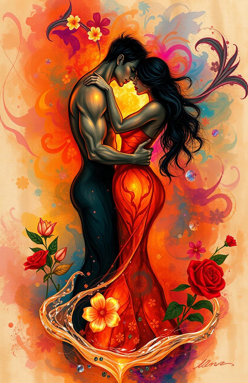 An abstract representation of intense desire and passion between two figures, surrounded by a vibrant and dynamic background filled with swirling colors and patterns that evoke a sense of longing and emotional connection