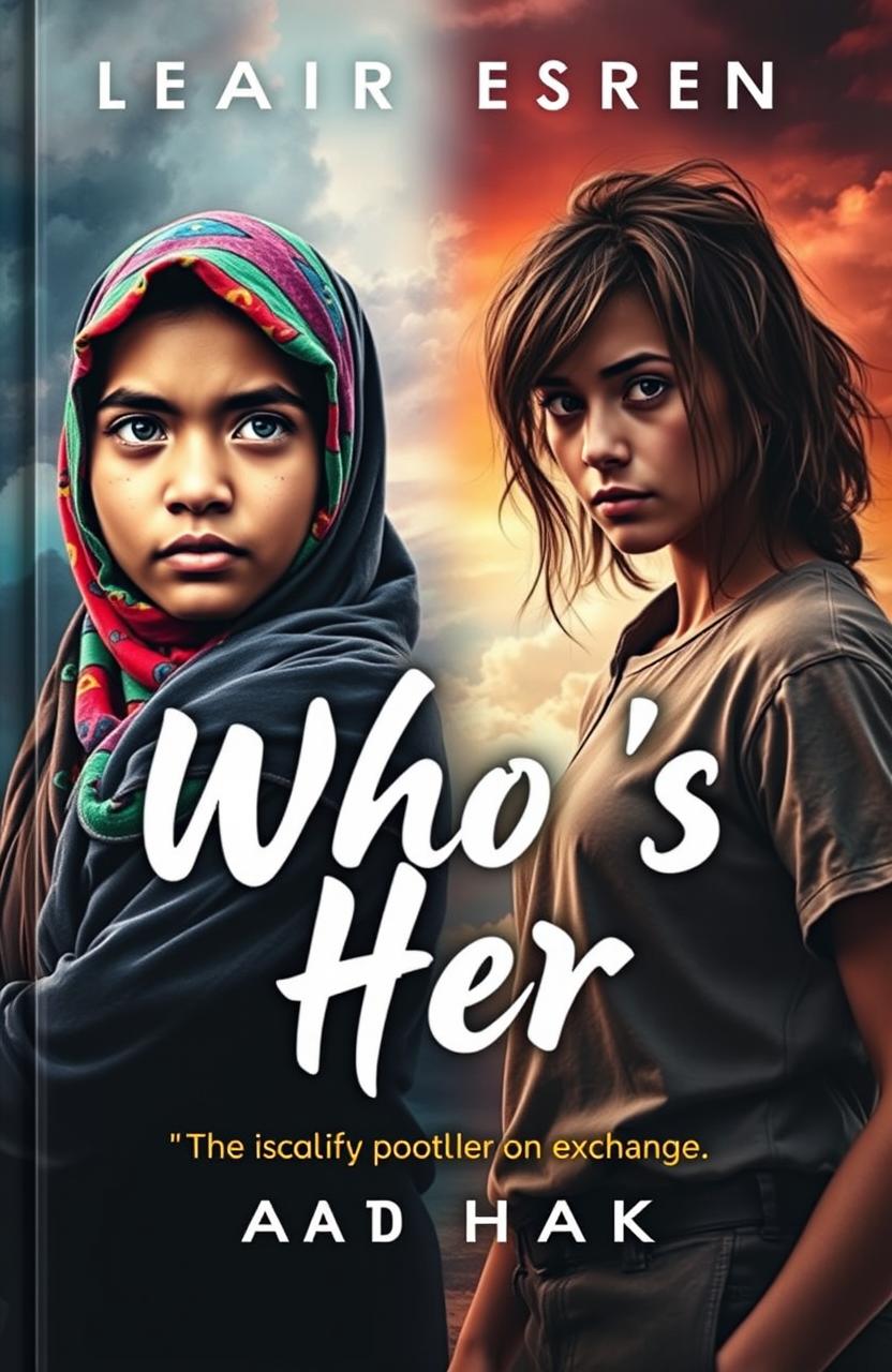 A captivating book cover featuring a Muslim girl wearing a colorful hijab, her expression a mix of determination and confusion, standing on the left side
