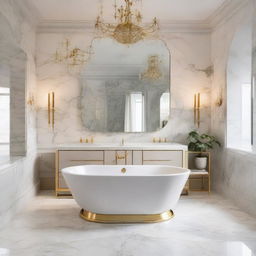 An elegant bathroom with marble surfaces, gold fixtures, a freestanding tub, large mirrors, and mood lighting