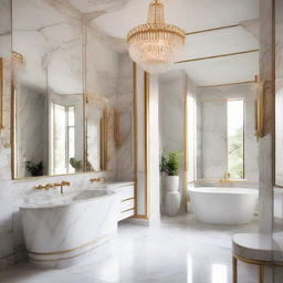 An elegant bathroom with marble surfaces, gold fixtures, a freestanding tub, large mirrors, and mood lighting