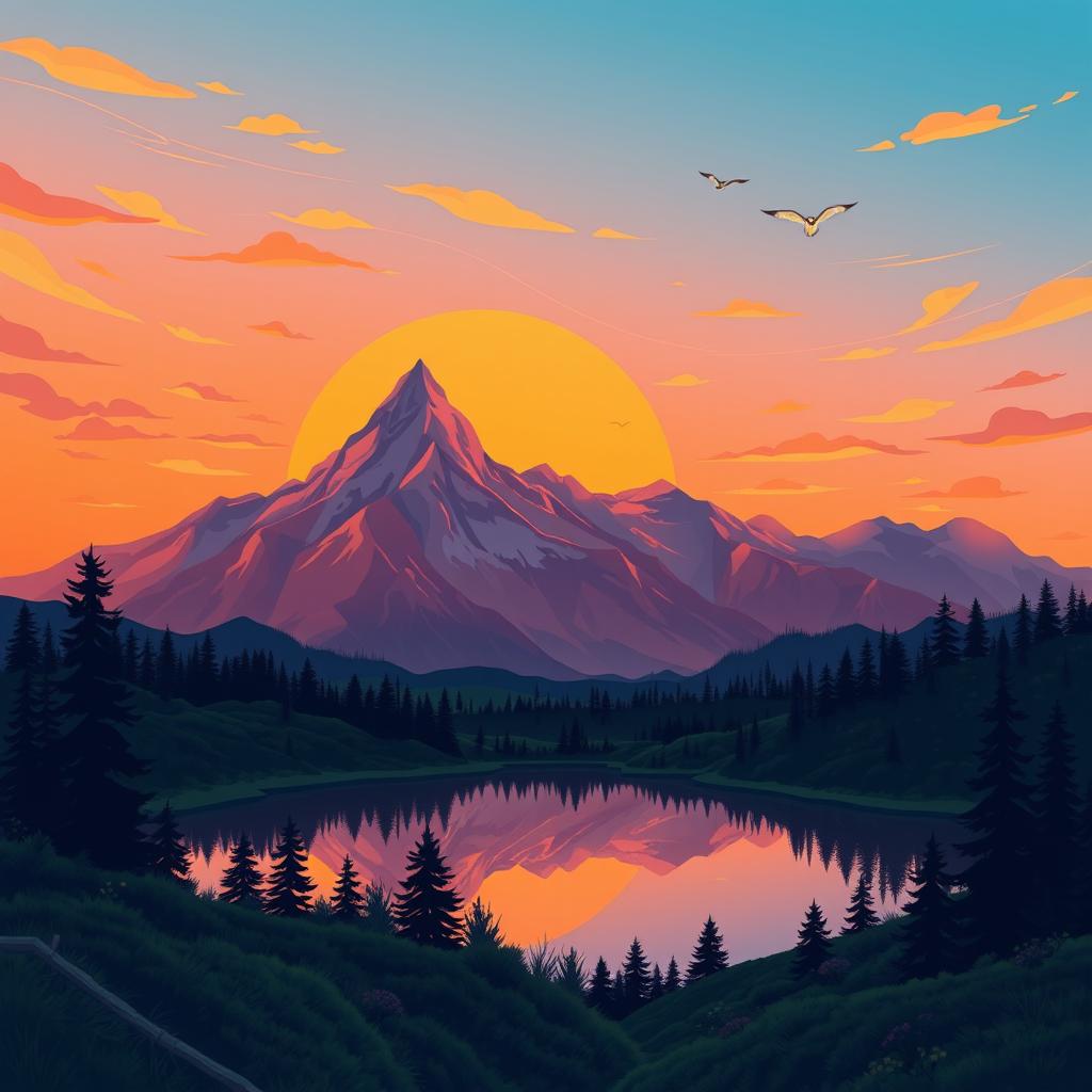 An intricate vector art illustration featuring a majestic mountain landscape during sunset, with a vibrant color palette of oranges, purples, and blues