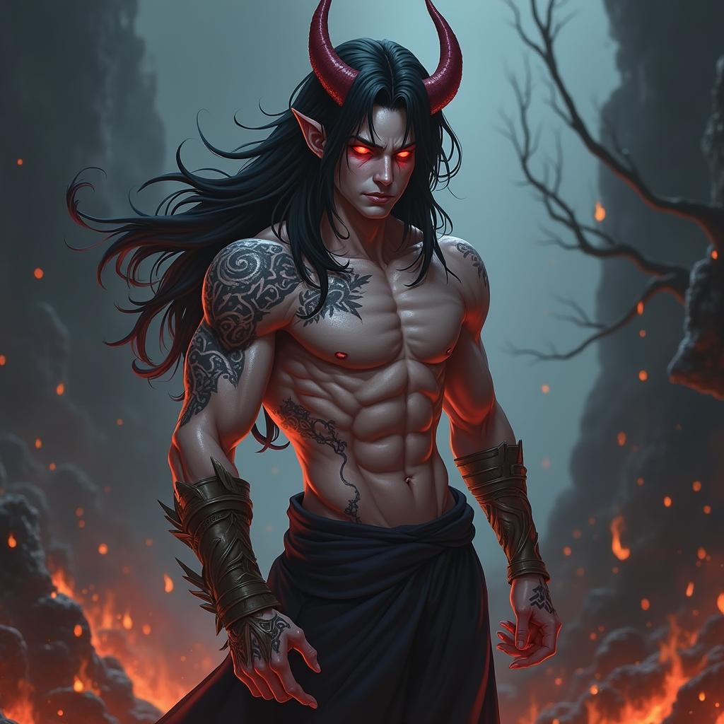 A strikingly detailed illustration of a demon human hybrid, showcasing features from both realms