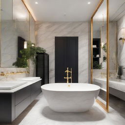 An elegant bathroom with marble surfaces, gold fixtures, a freestanding tub, large mirrors, and mood lighting