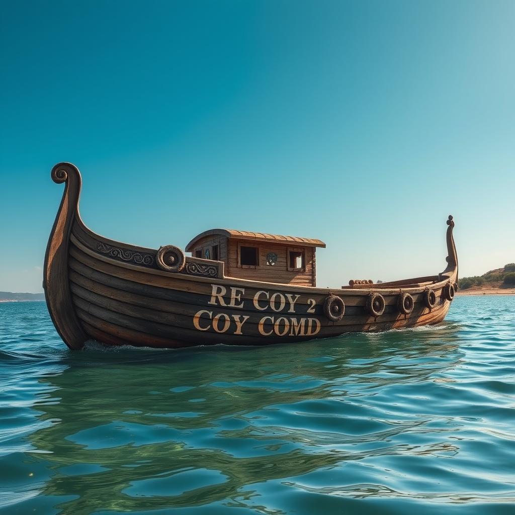 An ancient wooden boat with intricate carvings and worn textures, floating on calm waters under a bright blue sky