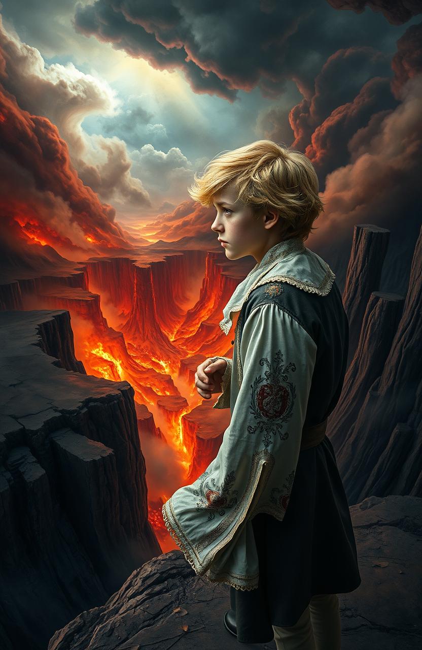 A young man with blonde hair, dressed in elegant 1770s clothing, stands on a rocky cliff overlooking a dramatic and surreal depiction of hell