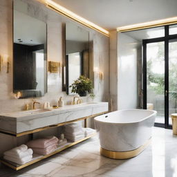 An elegant bathroom with marble surfaces, gold fixtures, a freestanding tub, large mirrors, and mood lighting