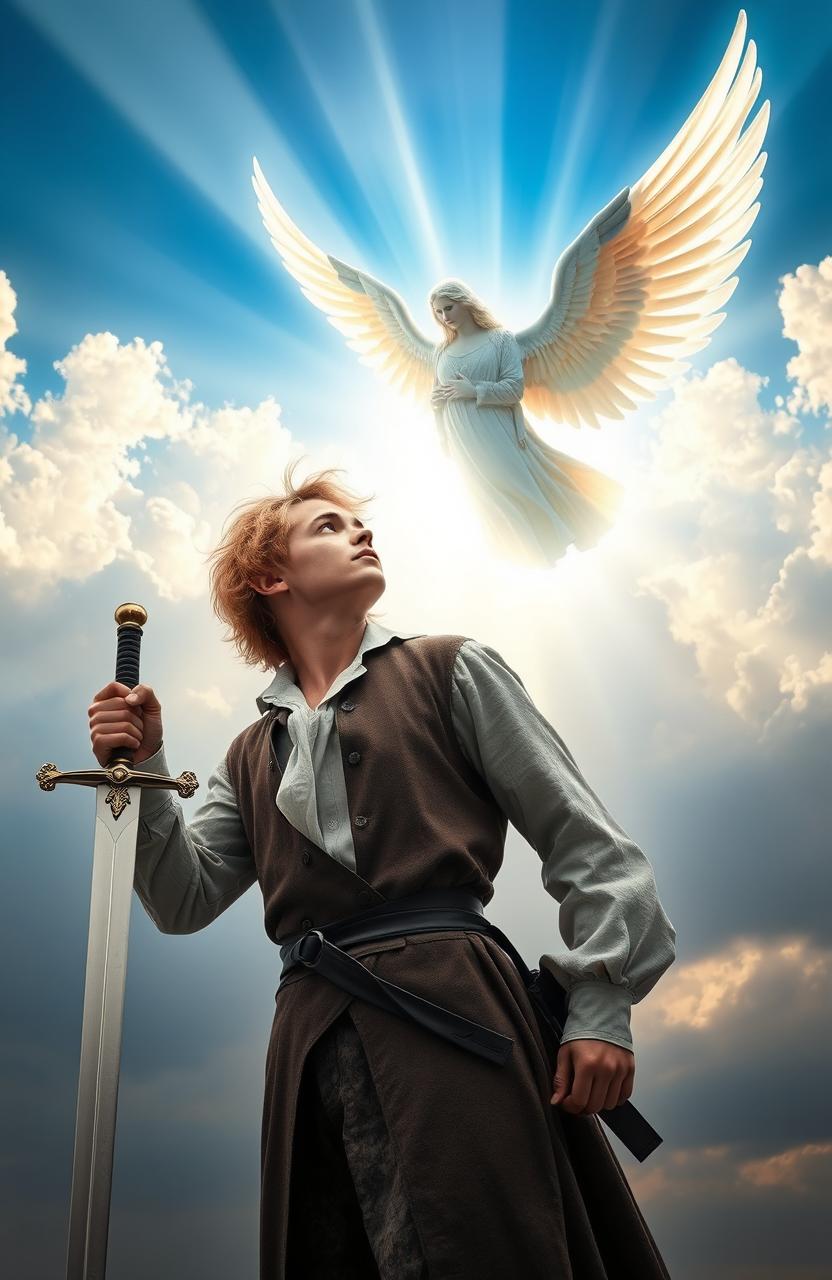 A young man, age 26, with blonde hair, dressed in authentic 1770s clothing, stands gazing up at the sky while holding a gleaming sword