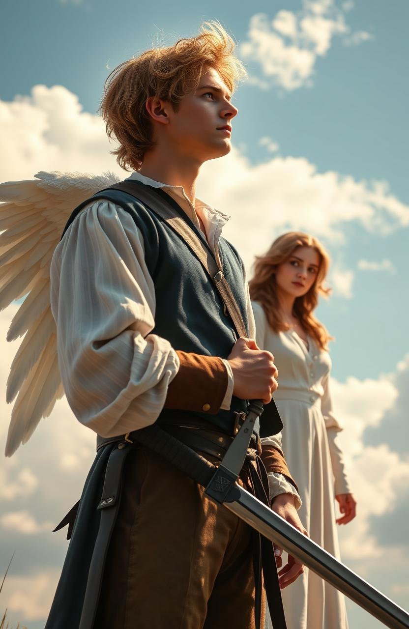 A 26-year-old young man with tousled blonde hair, dressed in authentic 1770s clothing, stands gazing thoughtfully at the sky while elegantly holding a traditional sword