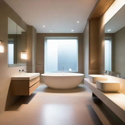 A classy, minimally designed bathroom within a Japanese penthouse featuring clean lines, dim lights, and a serene atmosphere