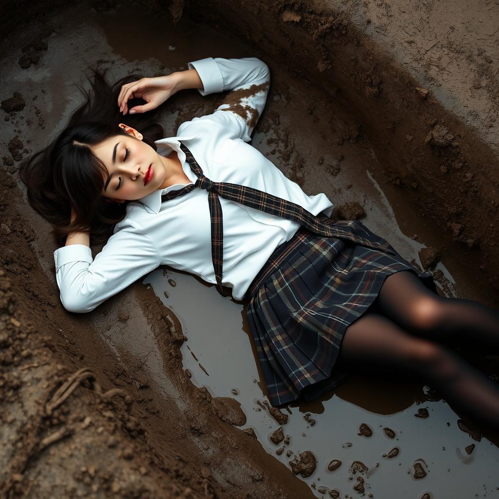 A short-haired brunette woman in a white shirt, a plaid tie, and a plaid pleated skirt, wearing black tights and stiletto heels, lying spread out asleep in a muddy ditch