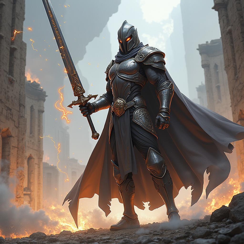 An epic illustration of an 'espadachim', a sword-wielding fighter, depicted in a futuristic fantasy setting