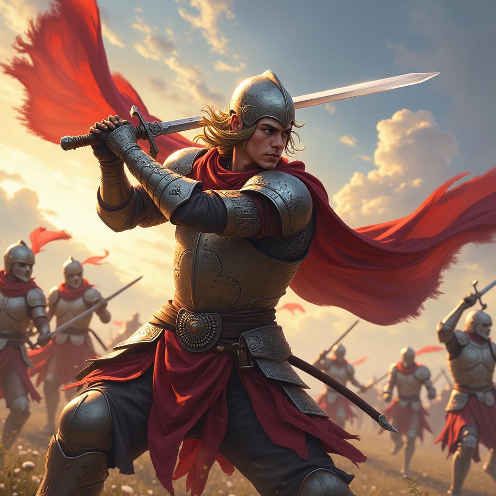 A dynamic illustration of a skilled swordsman in mid-action, showcasing their agility and strength