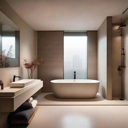 A classy, minimally designed bathroom within a Japanese penthouse featuring clean lines, dim lights, and a serene atmosphere