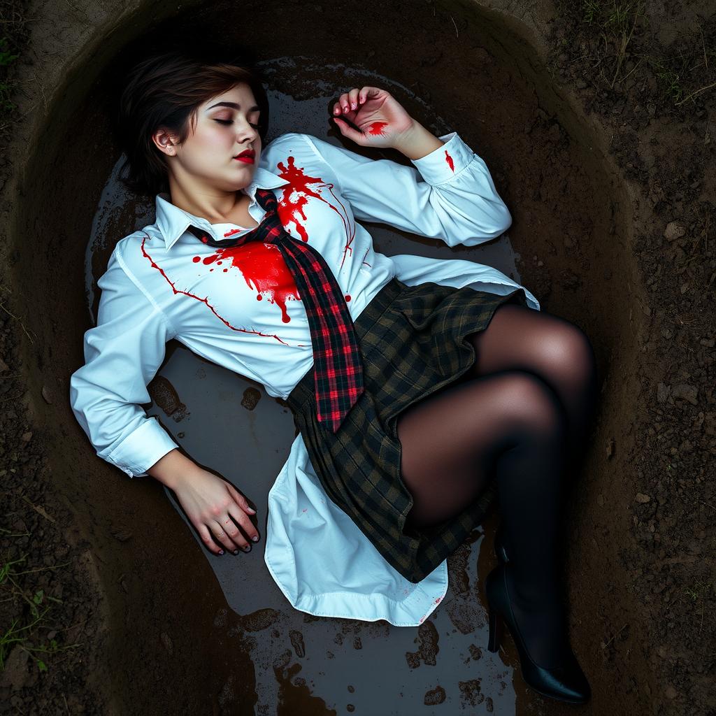 A short-haired brunette woman lies asleep, spread out in a muddy ditch