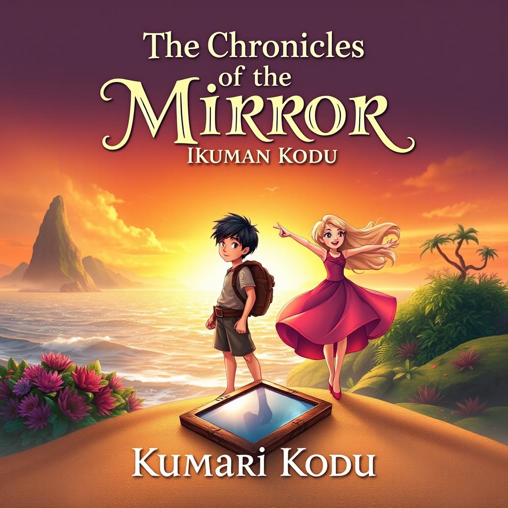 A captivating front cover for 'The Chronicles of the Mirror: Kumari Kodu', featuring a boy and girl standing on a mystical island