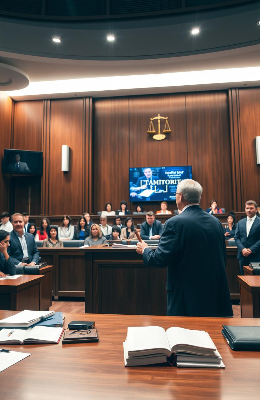 A modern and sleek courtroom scene featuring an elegant judge's bench made of polished mahogany, standing at the front with a gavel in hand