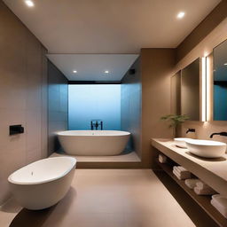 A classy, minimally designed bathroom within a Japanese penthouse featuring clean lines, dim lights, and a serene atmosphere