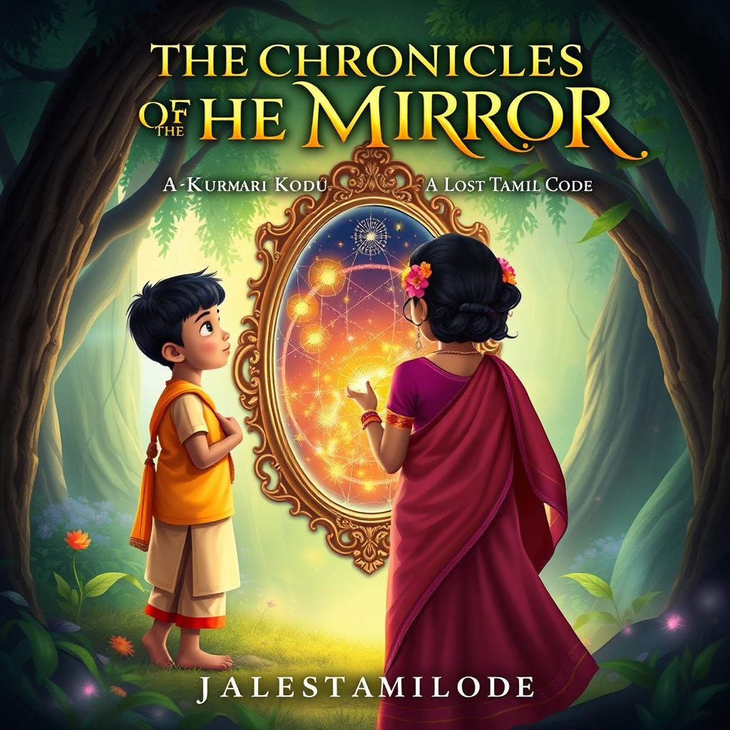 A captivating storybook cover titled 'The Chronicles of the Mirror: Kumari Kodu - A Lost Tamil Code'