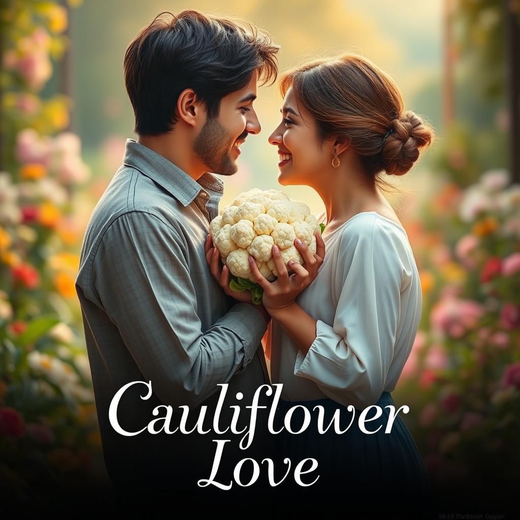 A movie poster for a romantic film titled 'Cauliflower Love', featuring a couple deeply in love, gazing into each other's eyes with tenderness