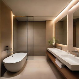 A classy, minimally designed bathroom within a Japanese penthouse featuring clean lines, dim lights, and a serene atmosphere