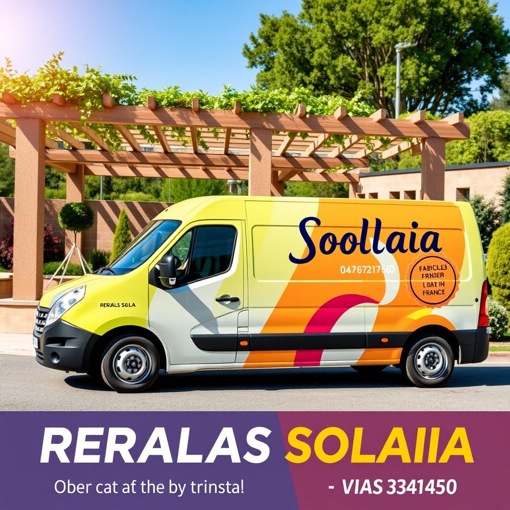 A promotional image featuring a Renault H2L3 Master van branded for a company called Pergolas Solalia
