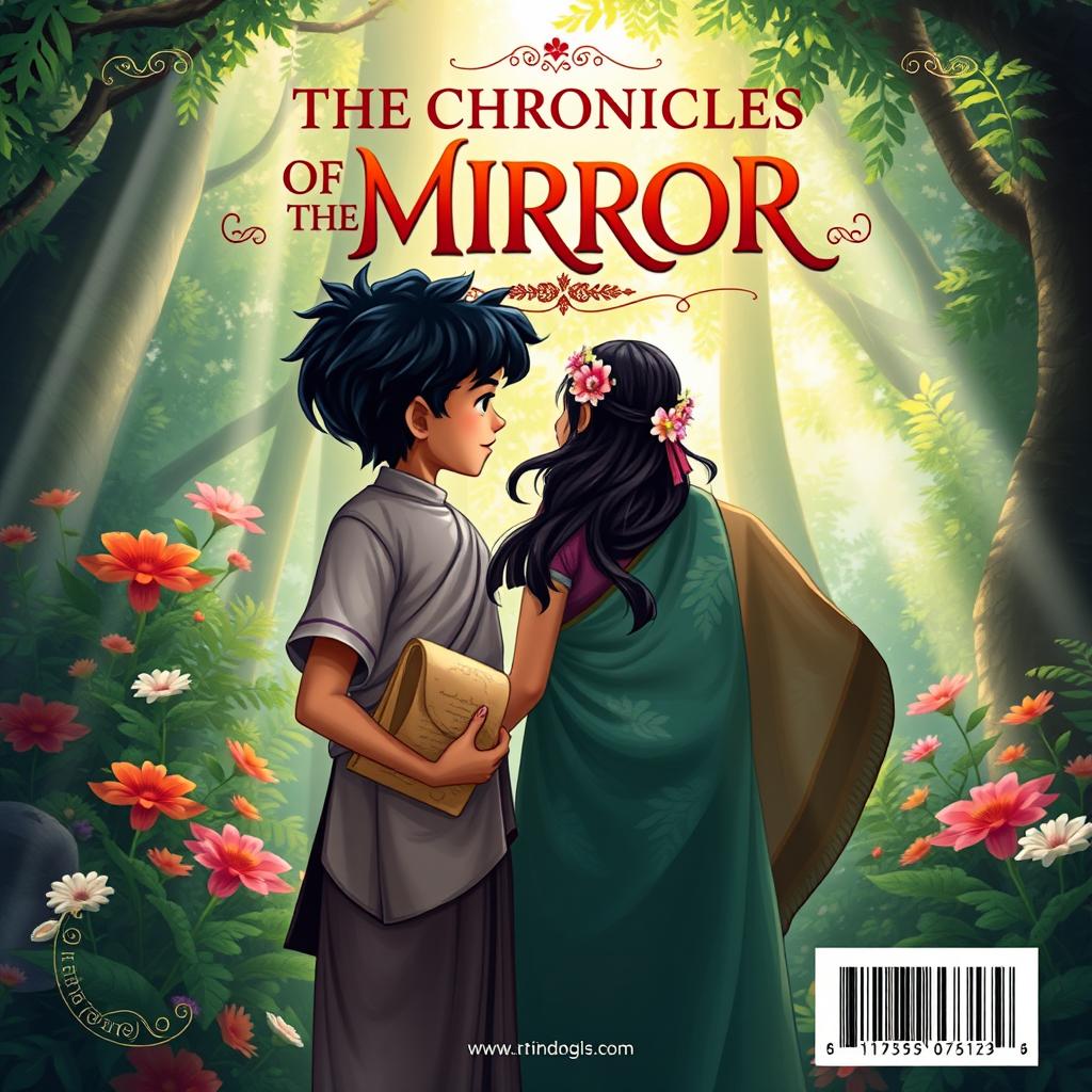 A captivating back cover design for a book titled 'The Chronicles of the Mirror: Kumari Kodu', featuring a boy and girl standing together in a mystical forest