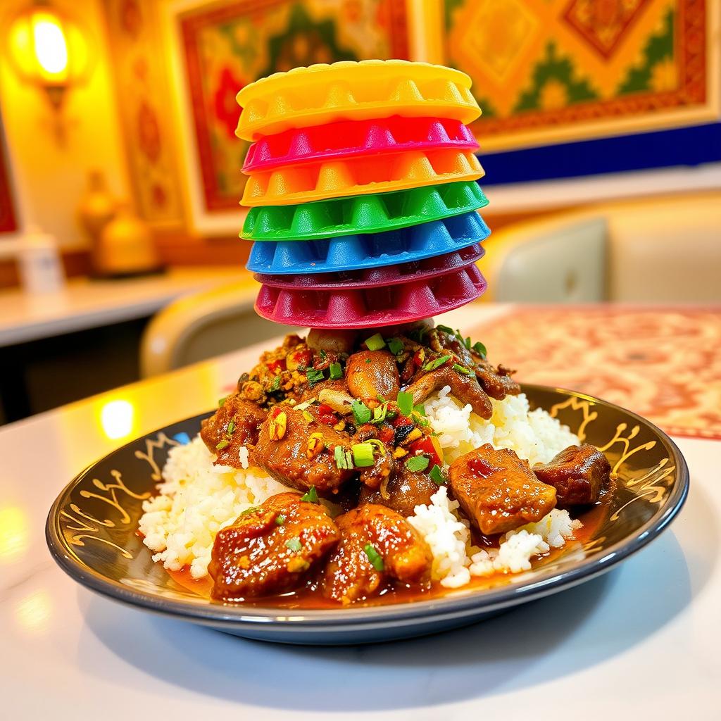A beautifully arranged plate featuring Fahsah Lam, a traditional dish made of stewed lamb with a rich, flavorful sauce, sitting atop a bed of fluffy rice