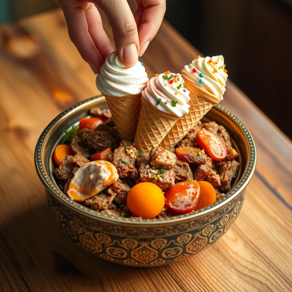 A beautiful display of Fahsah Lam, a traditional dish from Yemen, served in an ornate bowl