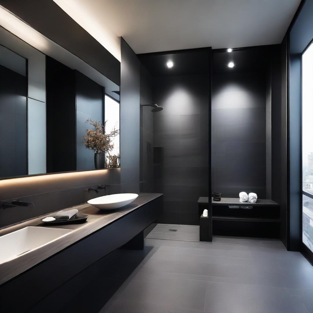 An elegant black-themed bathroom within a Japanese penthouse featuring sleek design elements, high-end fixtures, grand mirror, and serene ambiance