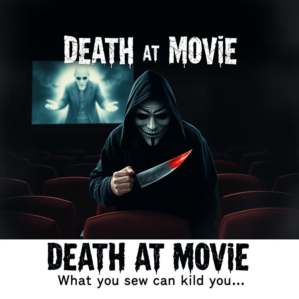 A chilling horror movie poster titled 'Death at Movie', featuring a masked killer lurking in a dark, eerie cinema theater