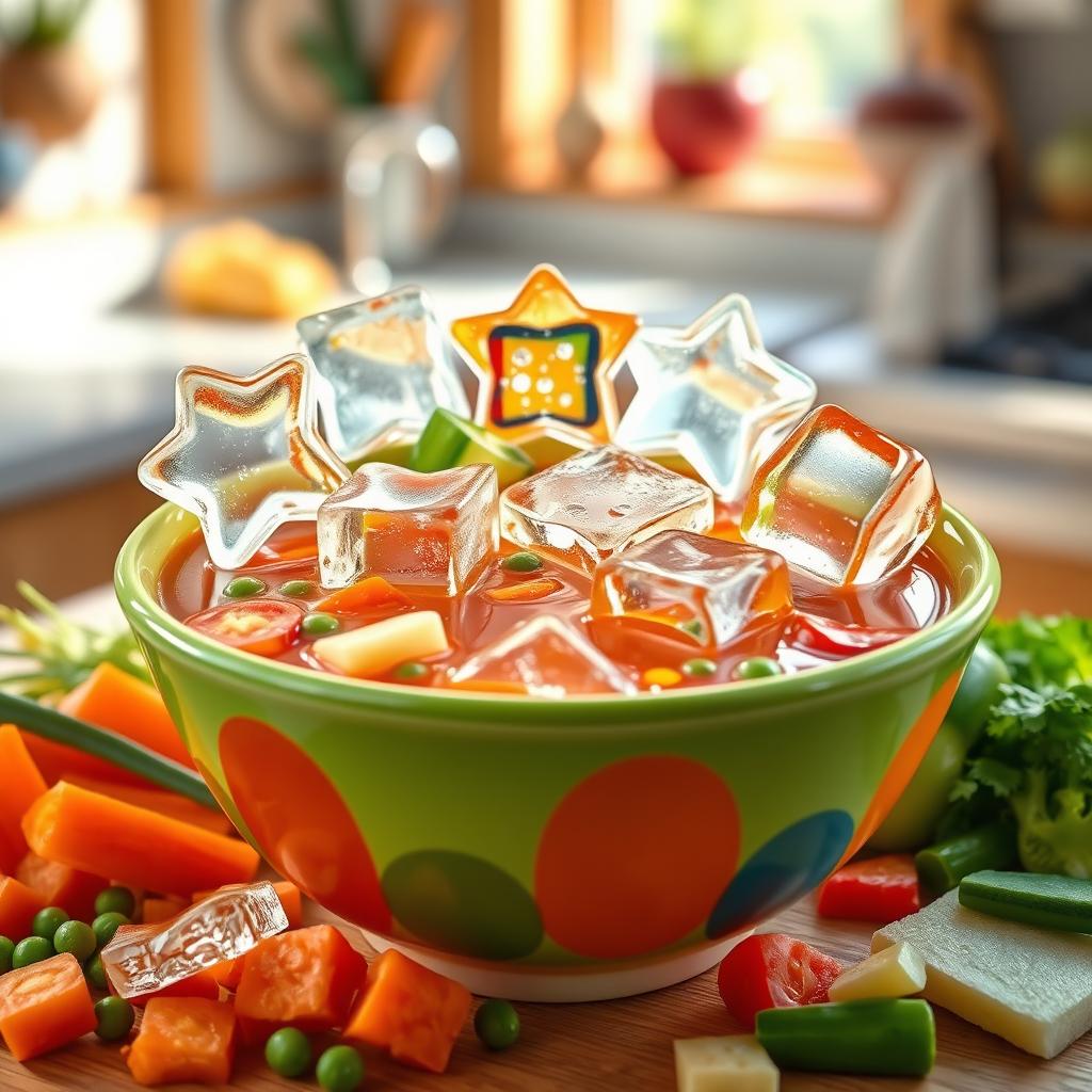 A playful and whimsical scene of a colorful soup bowl filled with a vibrant and appetizing vegetable soup, elegantly garnished with an array of uniquely shaped ice cubes floating on top