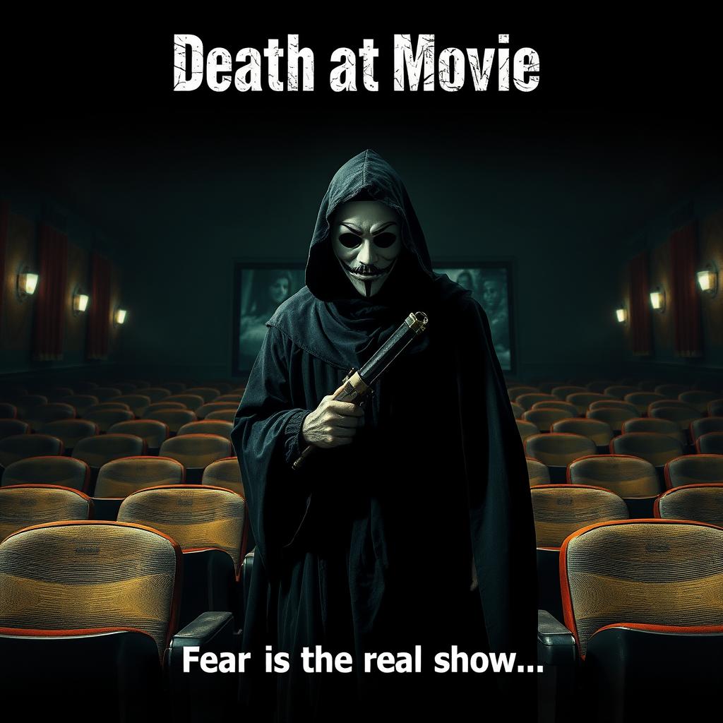 A gripping horror movie poster titled 'Death at Movie', showcasing a masked killer menacingly standing in a nearly empty cinema theater