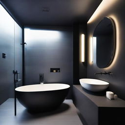 An elegant black-themed bathroom within a Japanese penthouse featuring sleek design elements, high-end fixtures, grand mirror, and serene ambiance