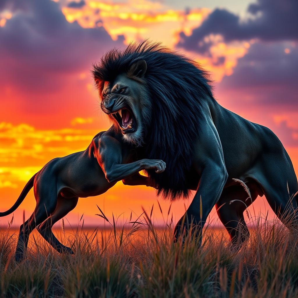 A dramatic scene depicting a powerful confrontation between a sleek black female lion and a magnificent black male lion, showcasing their fierce expressions and athletic physiques