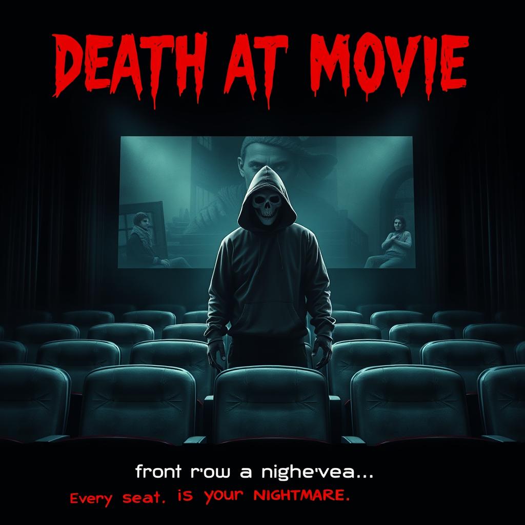 A horrifying movie poster titled 'Death at Movie', illustrating a menacing killer inside a dimly lit cinema theater