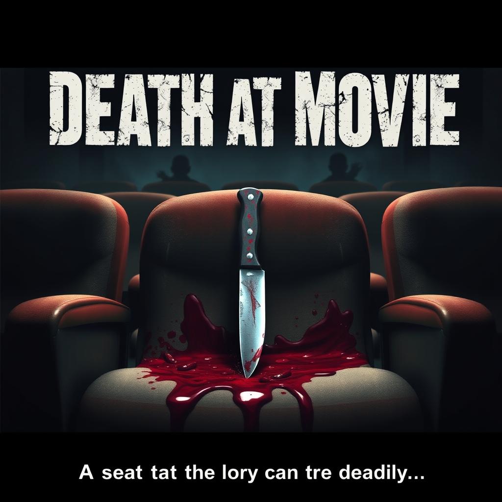 A gruesome horror movie poster titled 'Death at Movie', illustrating a close-up focus on a blood-stained seat in a deserted cinema theater