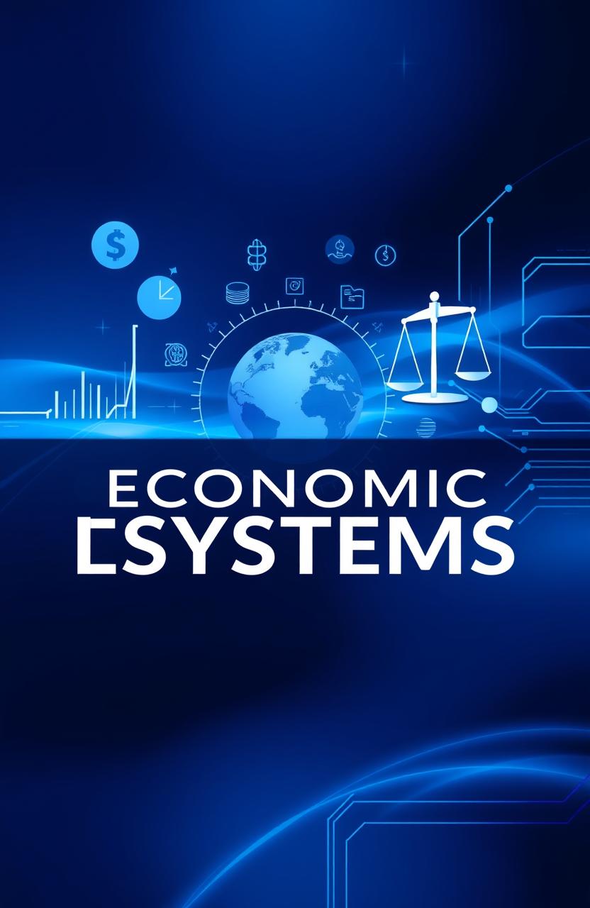 A visually stunning book cover design centered around the theme of economic systems, featuring a blue color palette