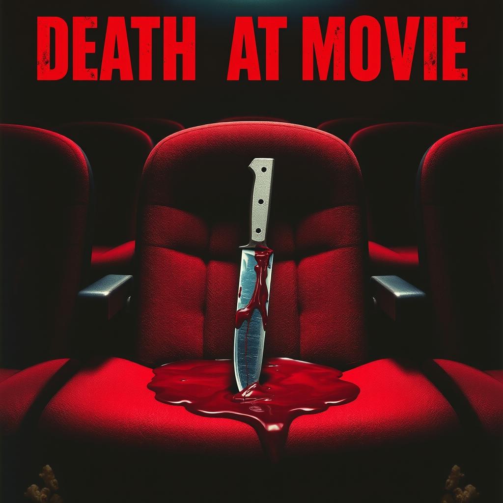 A horror movie poster titled 'Death at Movie' featuring a dramatic focus on a single cinema theater seat, drenched in vivid red blood