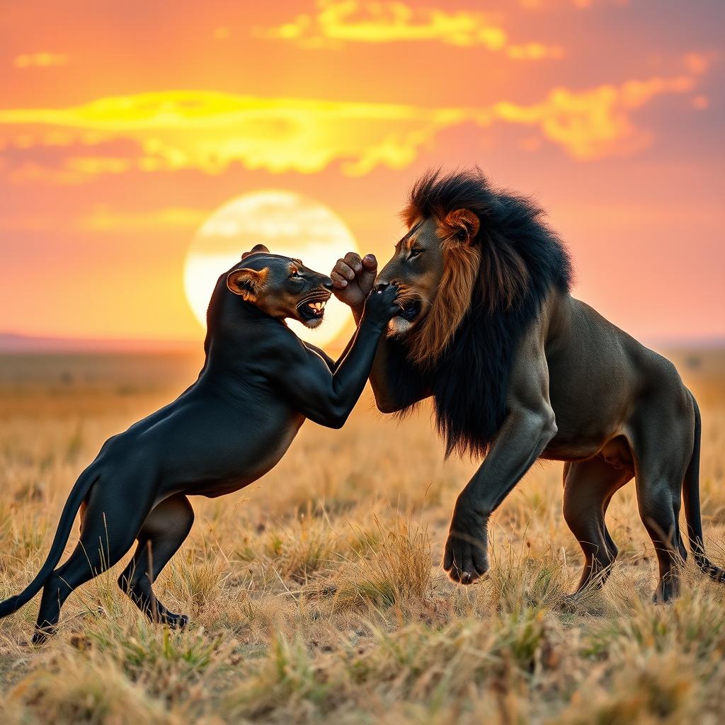 A beautiful scene depicting a black female lion, elegant and slender, playfully engaging in a mock fight with a majestic black male lion, both displaying their powerful forms